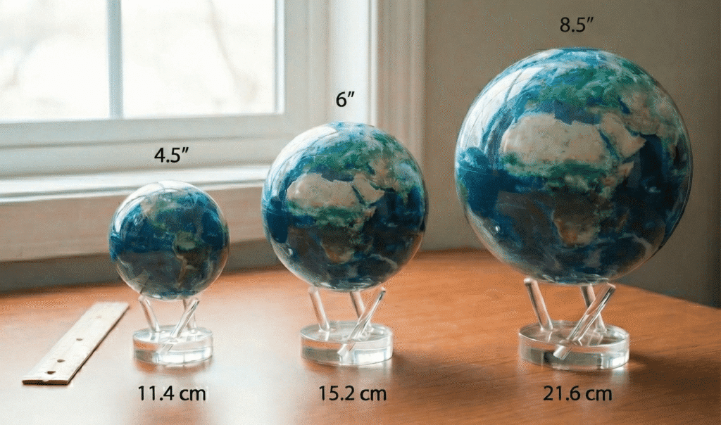 Vergleich der 3 MOVA Globe Größen: 4.5 Zoll (11,4 cm), 6 Zoll (15,2 cm) und 8.5 Zoll (21,6 cm)